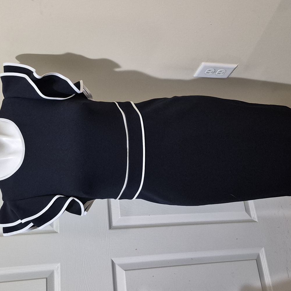 Blue and White Sheath Midi Dress Sleeveless Crew Neck